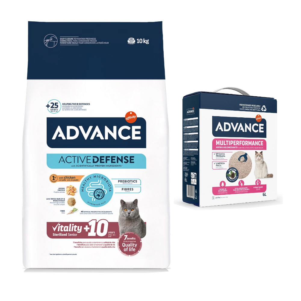Advance: karma sucha dla kota, 10 kg  + Arena Multiperformance, 6 l gratis! - Sterilized Senior +10, kurczak
