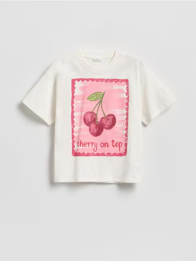 Reserved - Luźny t-shirt z nadrukiem - złamana biel
