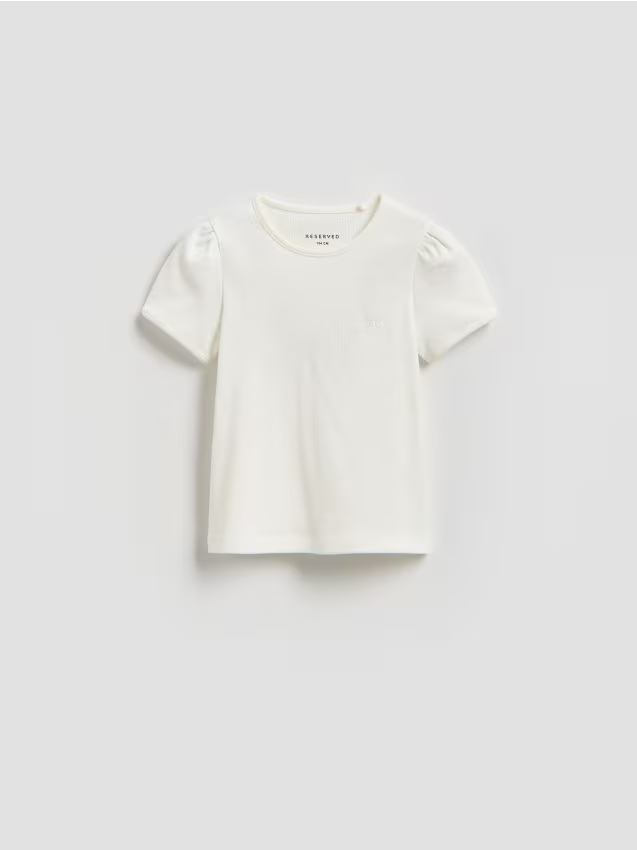 Reserved - Prążkowany t-shirt z haftem - złamana biel