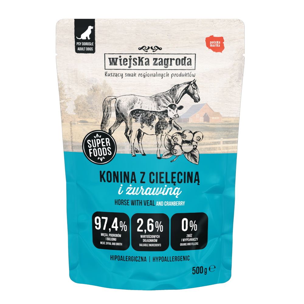 Korzystny pakiet Wiejska Zagroda dla psa, saszetki, 3 x 500 g - Konina z cielęciną