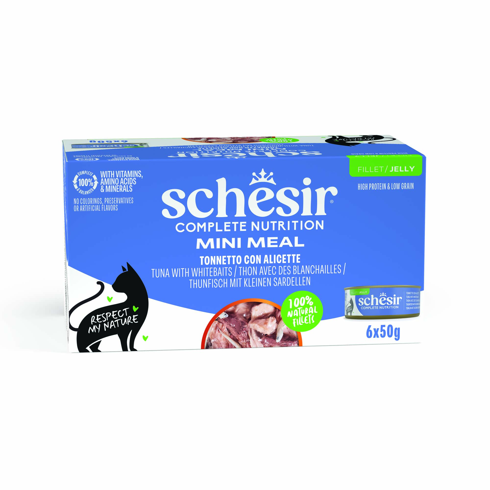 Schesir Complete Nutrition, filet w galarecie, 6 x 50 g w puszce - Tuńczyk z białorybem