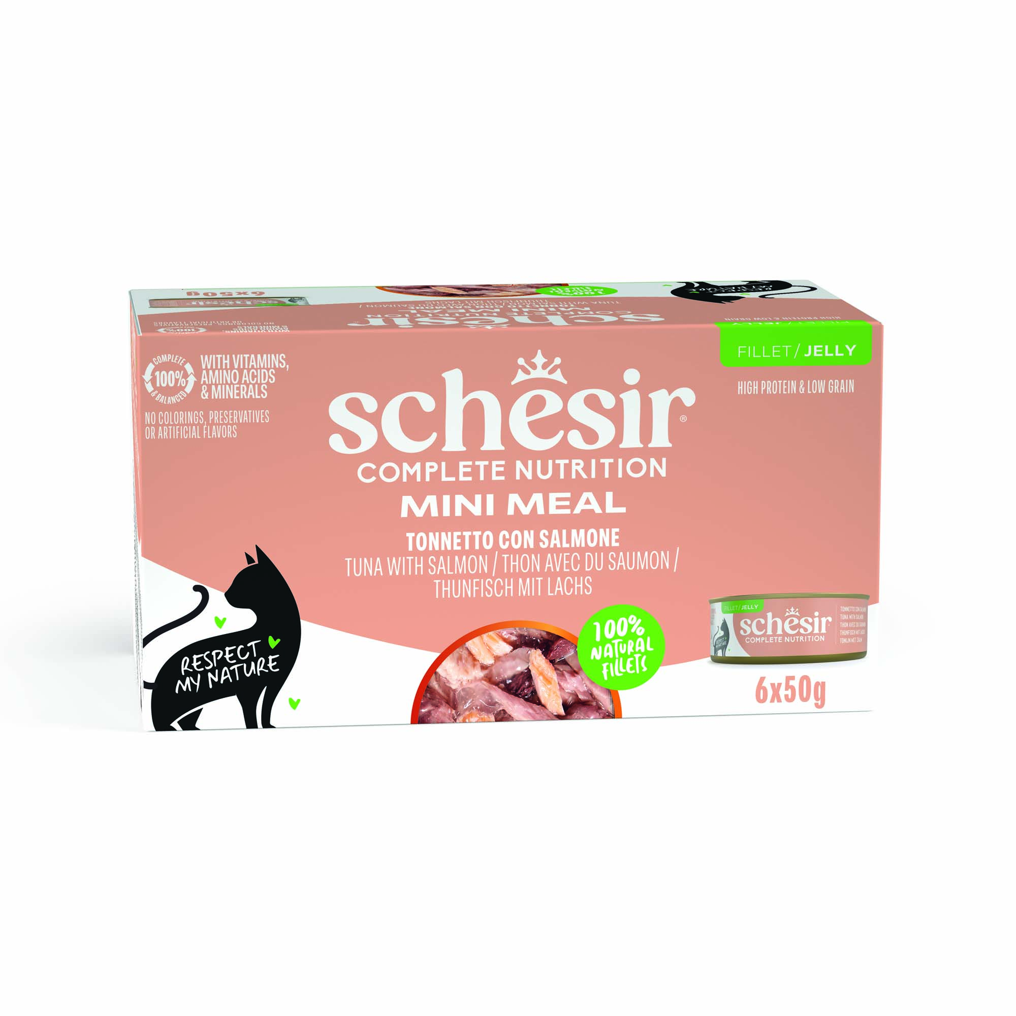 Korzystny pakiet Schesir Complete Nutrition, filet w galarecie, 24 x 50 g - Tuńczyk z łososiem