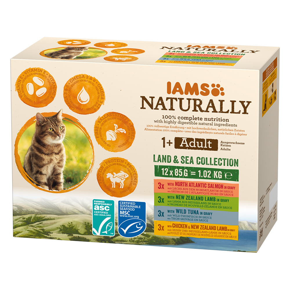 36 + 12 gratis! IAMS Naturally, karma mokra, 48 x 85 g - Adult Cat Land & Sea Collection