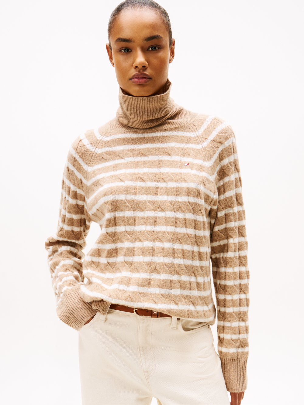 Tommy Hilfiger Wełniany sweter damski Kobiety Wełna beżowy|biały, M
