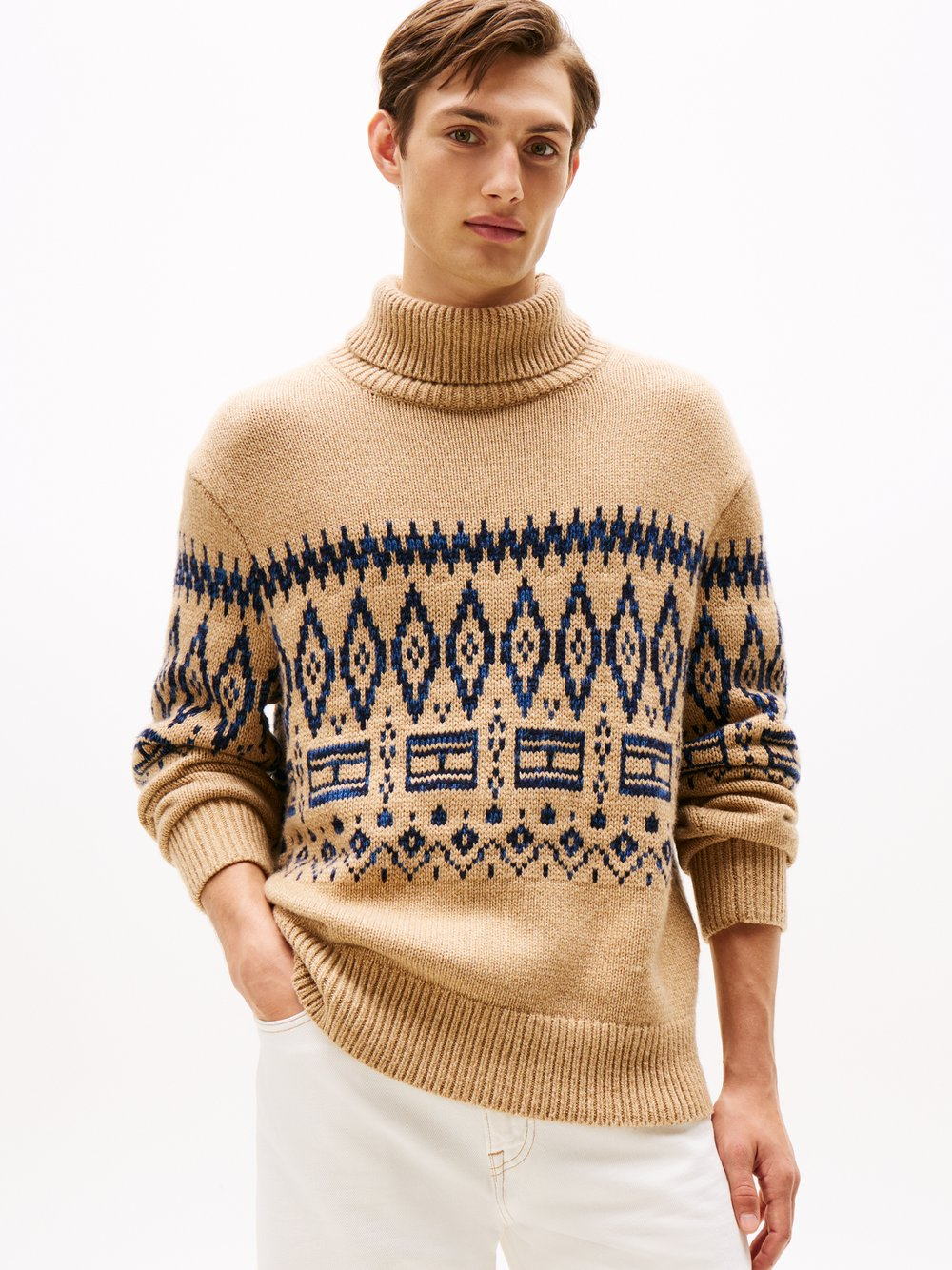 Tommy Hilfiger Męski wełniany sweter Mężczyźni beżowy|niebieski, M