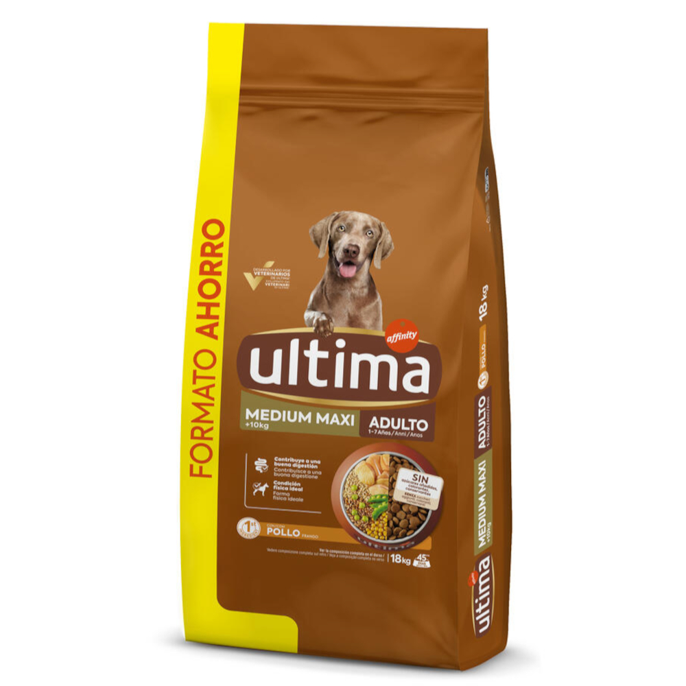Kilogramy gratis! Ultima, karma sucha, 7 kg / 12 kg / 14 kg / 18 kg - Medium / Maxi Adult, kurczak z ryżem, 18 kg (18 + 3 kg gratis!)
