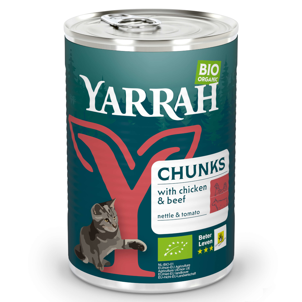 Yarrah Bio Chunks, 6 x 405 g  - Biokurczak i biowołowina z biopokrzywą i biopomidorami w sosie