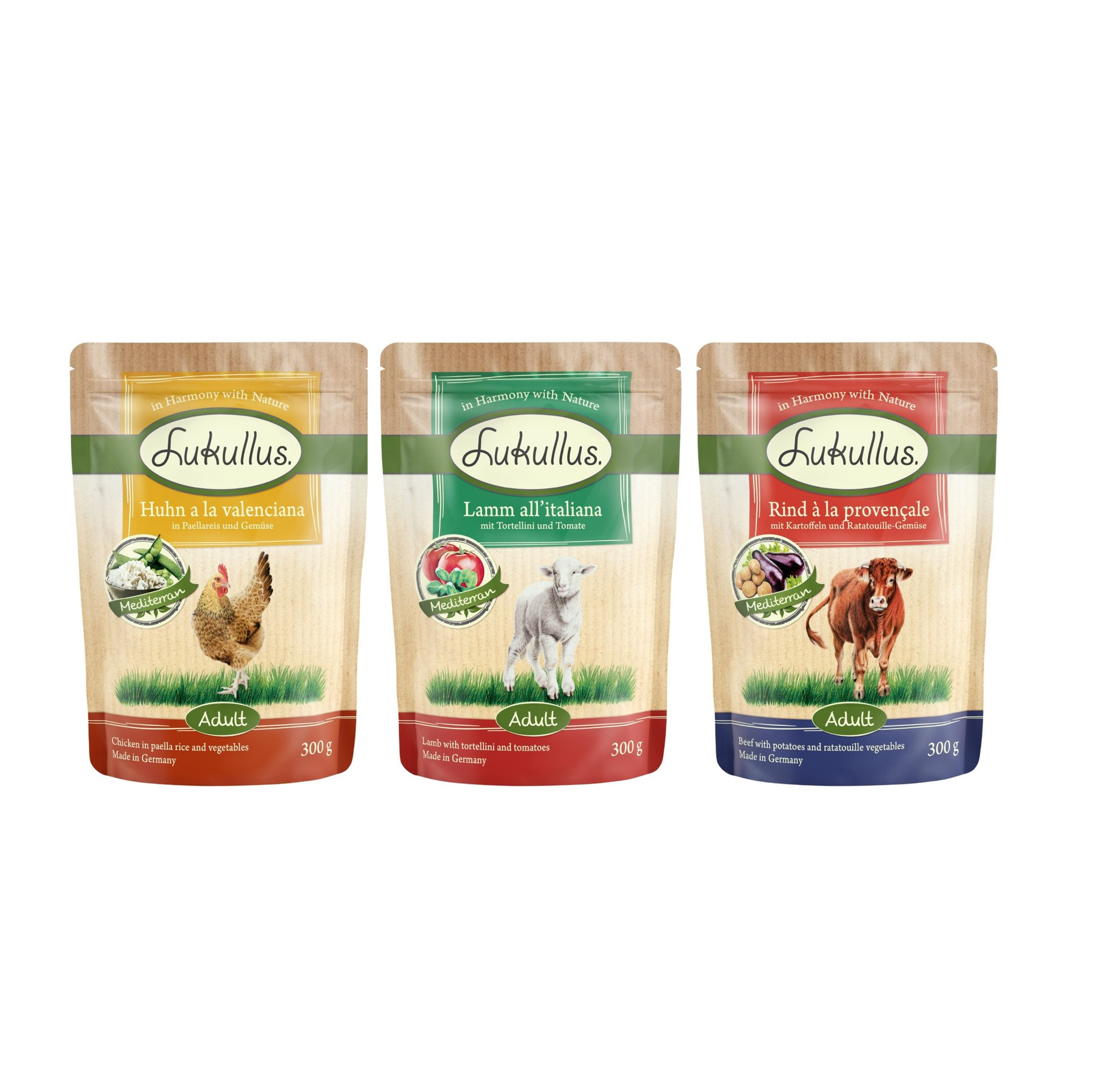 Megapakiet mieszany Lukullus Natural w saszetkach, 24 x 300 g - Pakiet "Mediterran" (1 źródło białek zwierzęcych)