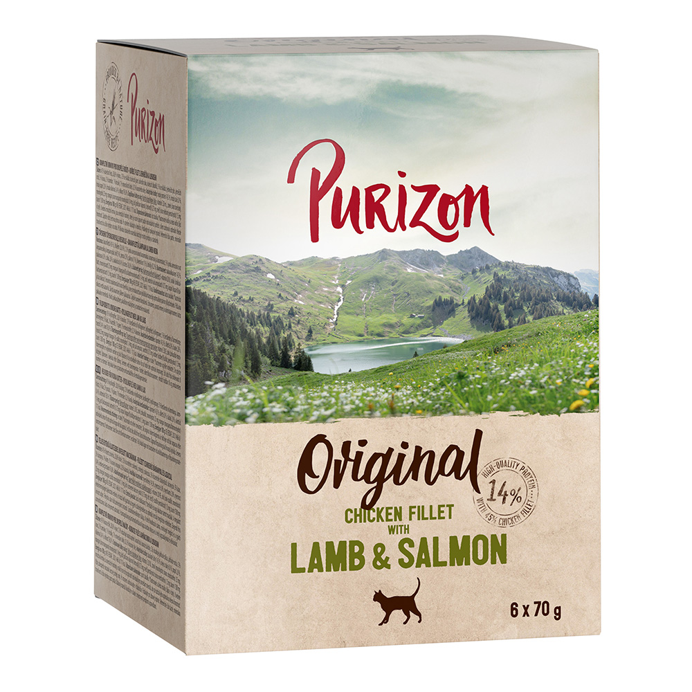 Purizon Adult, bez zbóż, 6 x 70 g  - Filet z kurczaka, jagnięcina i łosoś