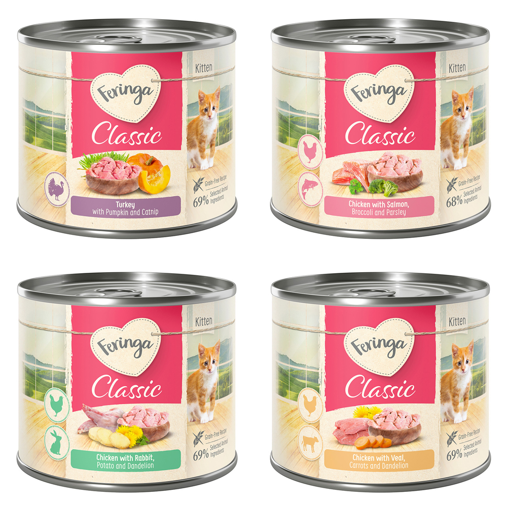 Feringa Classic Meat Menu Kitten, 6 x 200 g - Pakiet mieszany (Kurczak, indyk, królik, łosoś)