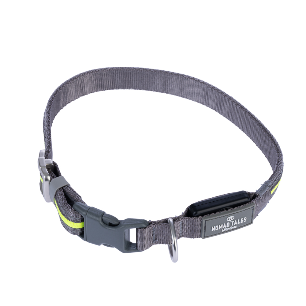 Nomad Tales Spirit USB LED obroża nylonowa, neonowy żółty i szary - Rozmiar M/L: Obwód szyi 45-65 cm