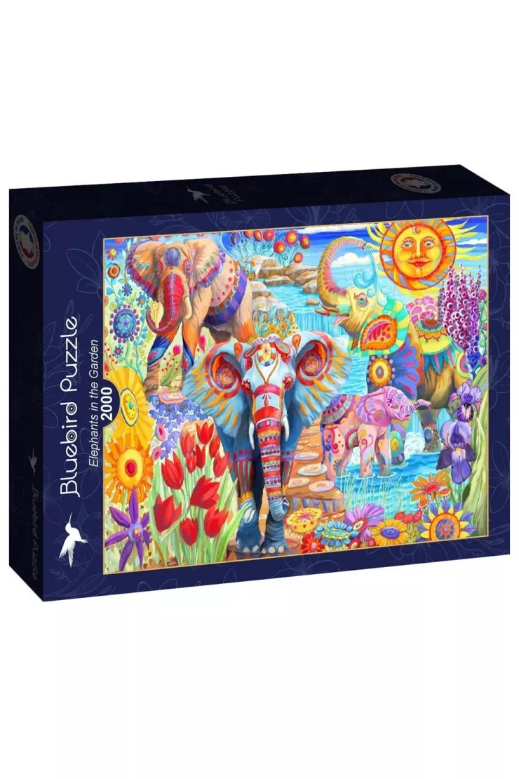 Puzzle 2000 el. Kolorowe słonie w ogrodzie