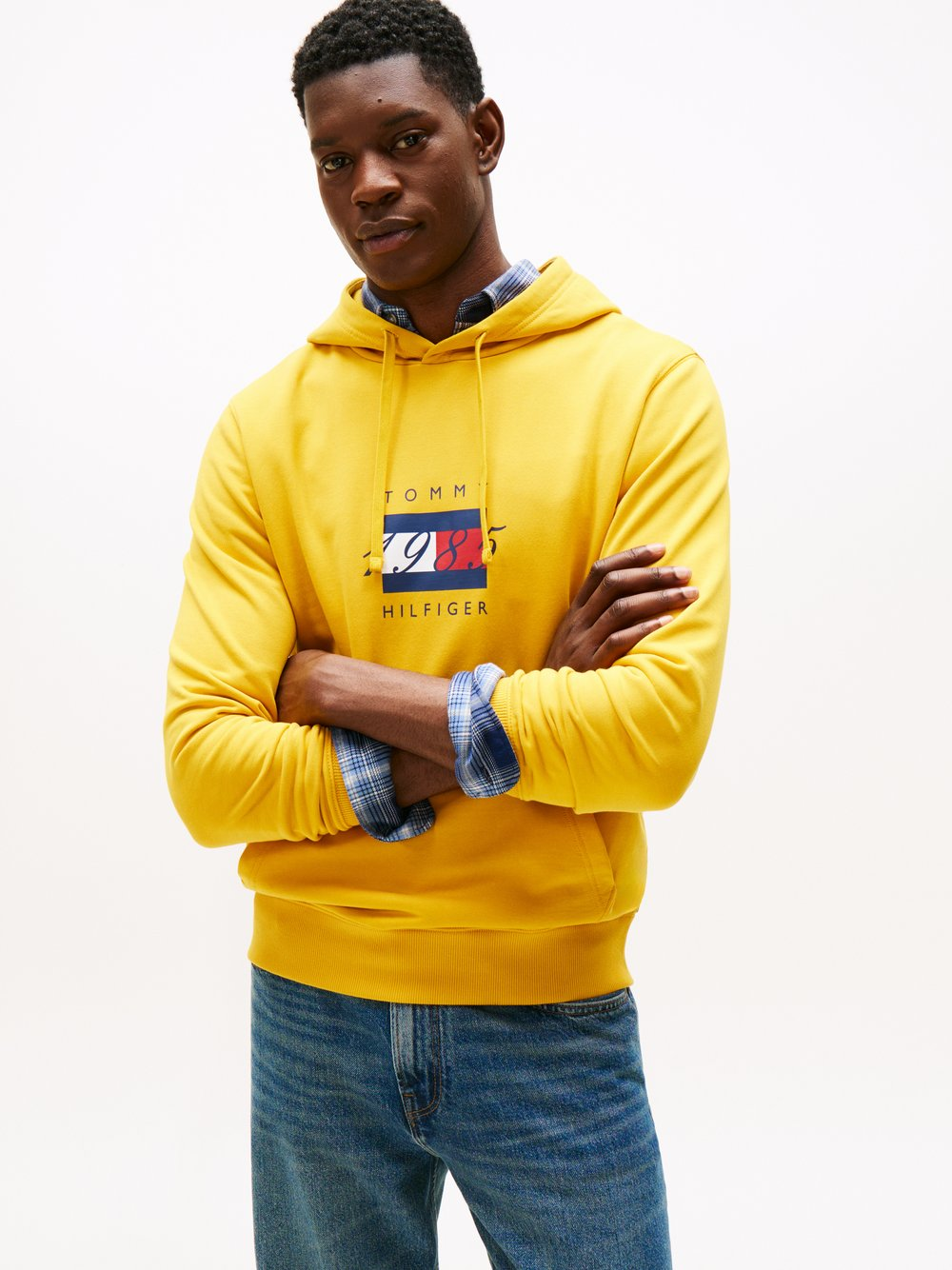 Tommy Hilfiger Męski sweter z kapturem Mężczyźni Materiał dresowy żółty, XL