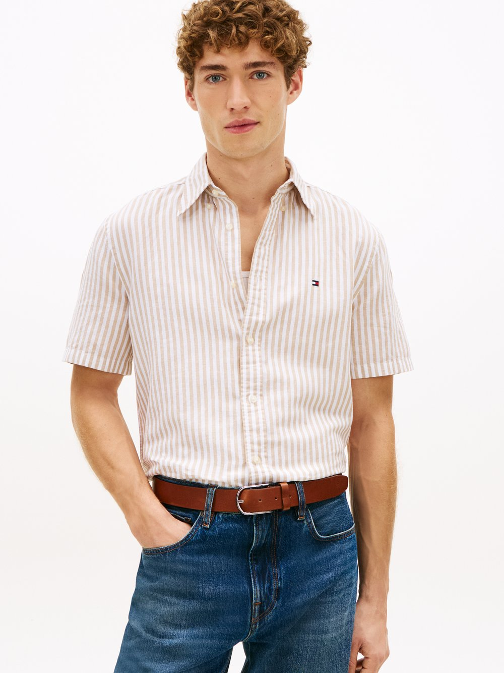 Tommy Hilfiger Męska koszula z krótkim rękawem z lnu Mężczyźni Regular Fit Bawełna brązowy, L