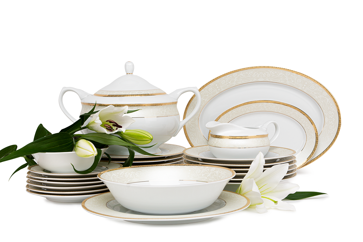 Serwis obiadowy polska porcelana 25 elementów biały / złoty wzór dla 6 os. AGAWA GOLD