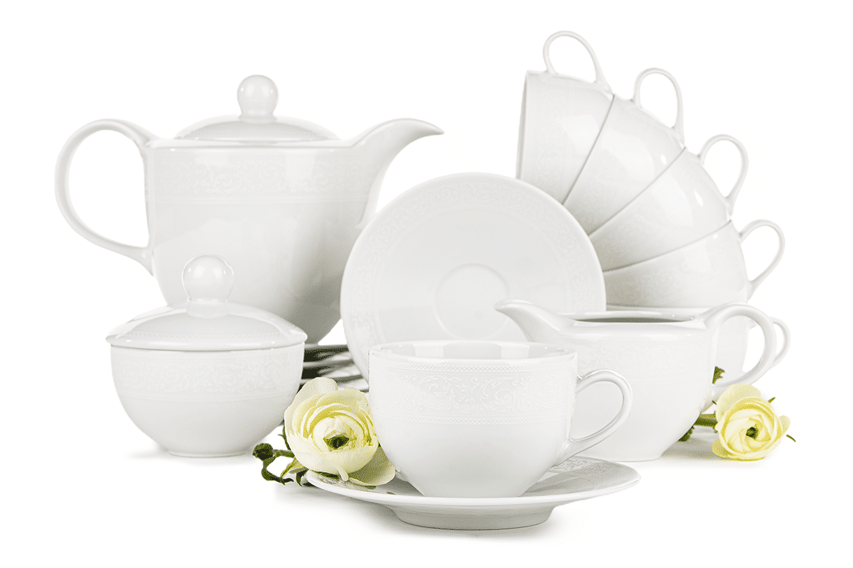 Zestaw kawowy porcelana 9 elementów biały / wzór koronki dla 6 os. AMELIA BIAŁA KORONKA