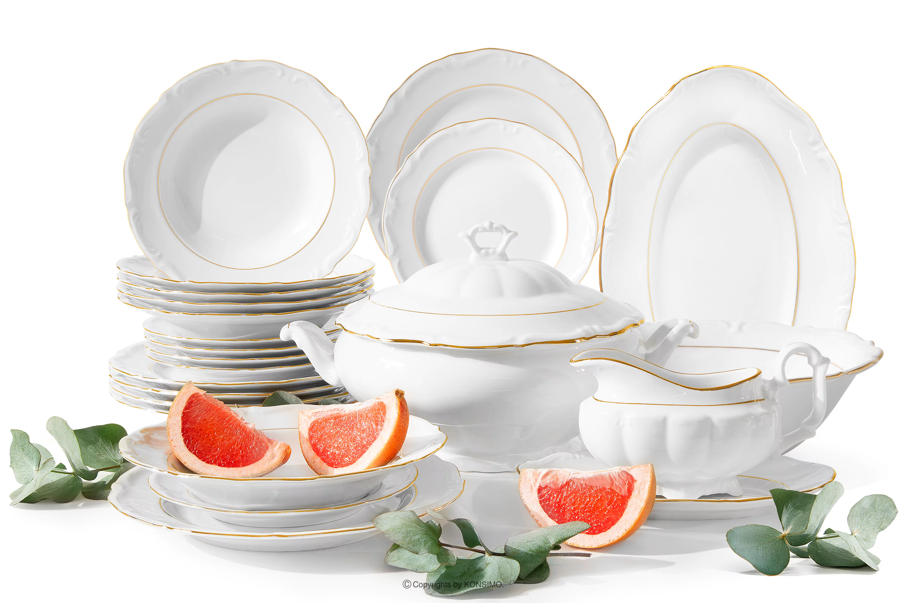 Klasyczny zestaw obiadowy z porcelany 6 os. (23 el.) biały/złota linia MARIA TERESA ZŁOTA LINIA