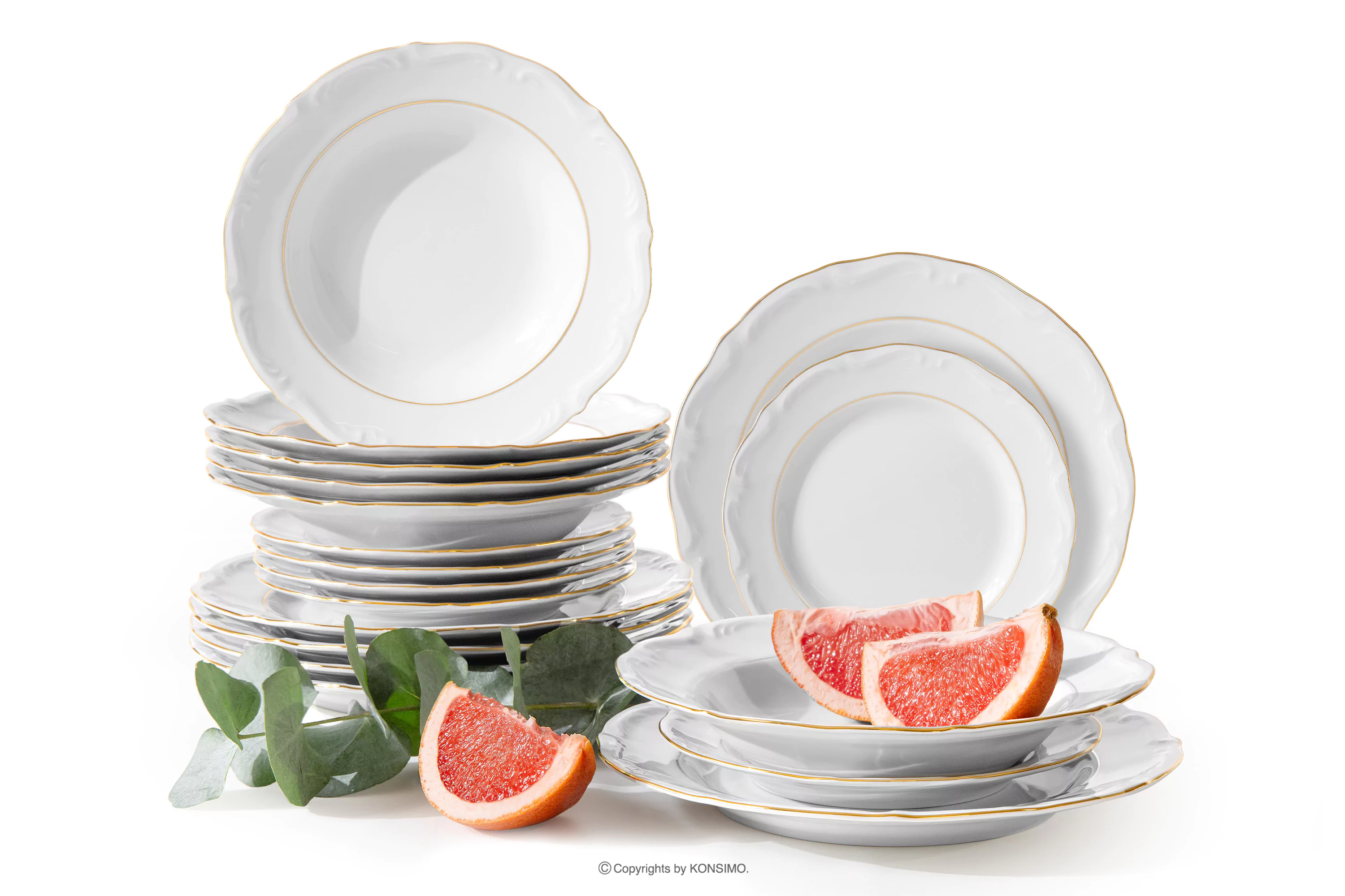 Klasyczny zestaw obiadowy z porcelany 6 os. (18 el.) biały/złota linia MARIA TERESA ZŁOTA LINIA