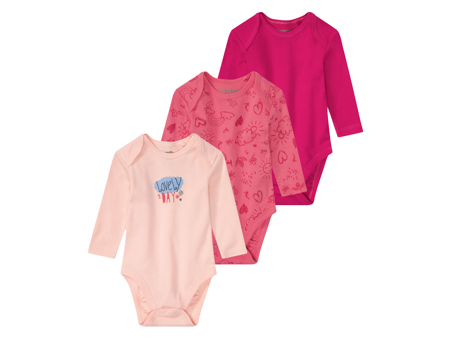 lupilu® Body niemowlęce, 3 szt. (62/68, Fioletowy/ciemnoróżowy/jasnoróżowy)