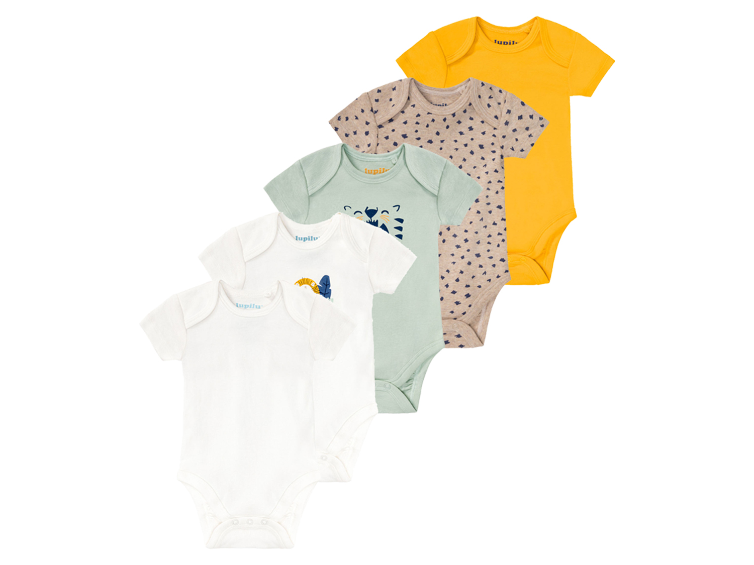 lupilu® Body niemowlęce z biobawełny, 5 sztuk (50/56, Miętowy/ biały/ żółty/ beżowy)