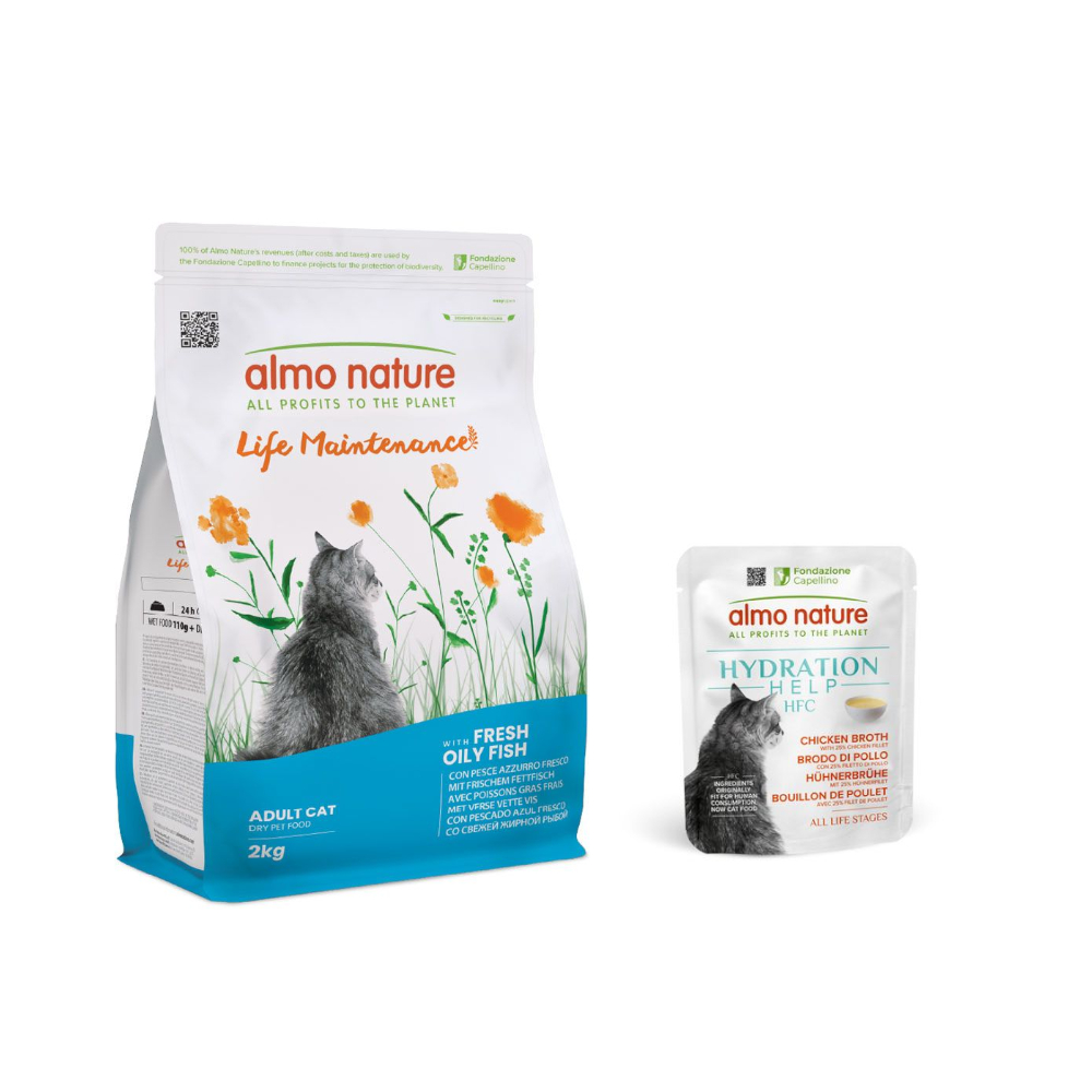 Almo Nature: Functional, karma sucha dla kota, 2 kg + HFC Hydration Help, 6 x 50 g gratis! - Life Maintenance tłusta ryba z ryżem, 2 kg + Bulion drobiowy z filetem z kurczaka, 6 x 50 g