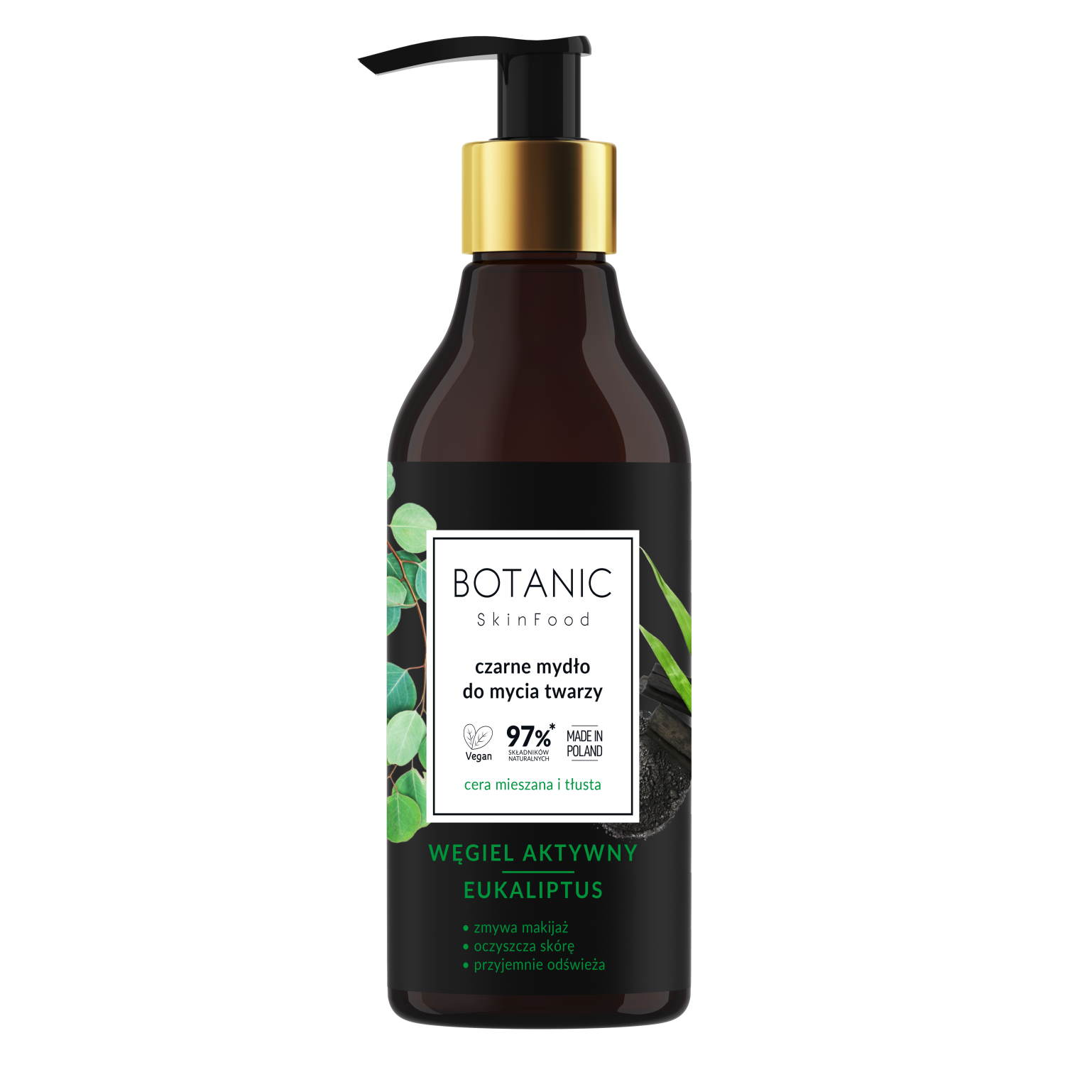 Botanic  Czarne Mydło Do Mycia Twarzy - Węgiel Aktywny - Eukaliptus 250Ml