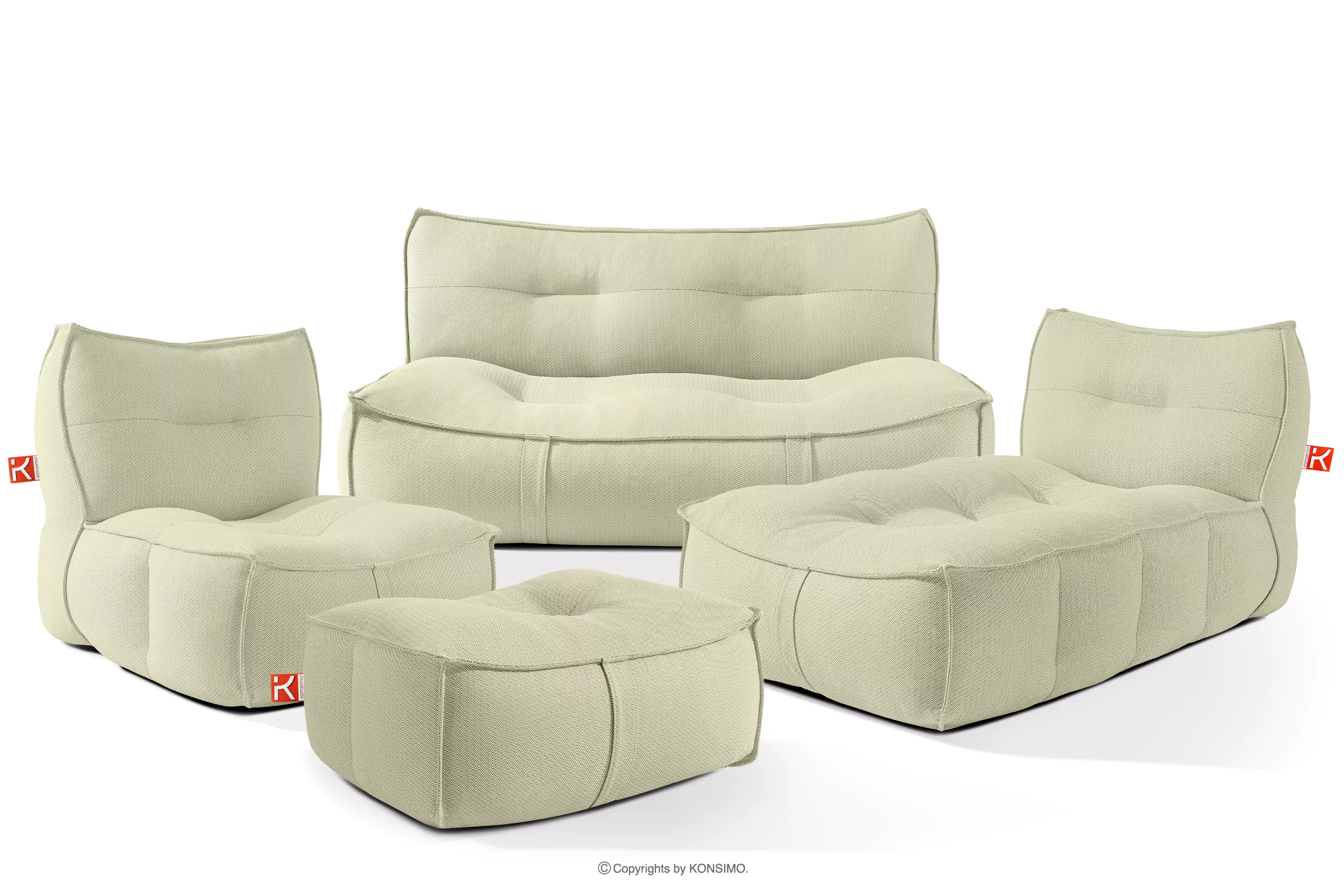 Zestaw mebli ogrodowych sofa fotel szezlong puf tkanina pleciona outdoorowa jasny zielony/biały LOVIA