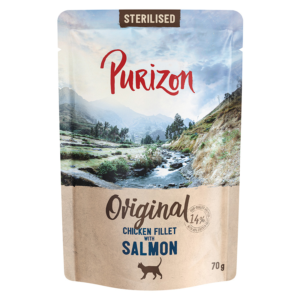 Purizon Adult Sterilised, bez zbóż, 6 x 70 g - Filet z kurczaka z łososiem