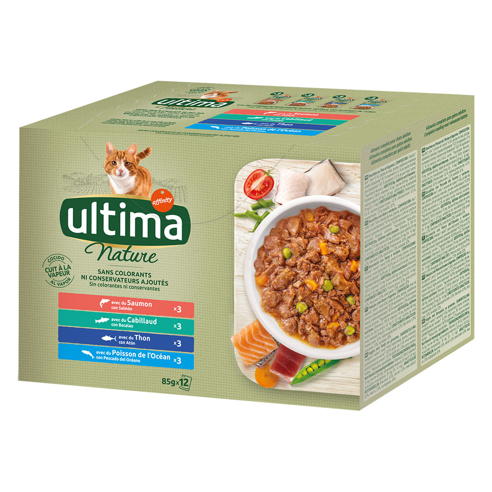 38 + 10 gratis! Ultima, karma mokra, 48 x 85 g - Nature, wybór ryb (łosoś, tuńczyk, ryby oceaniczne, dorsz)