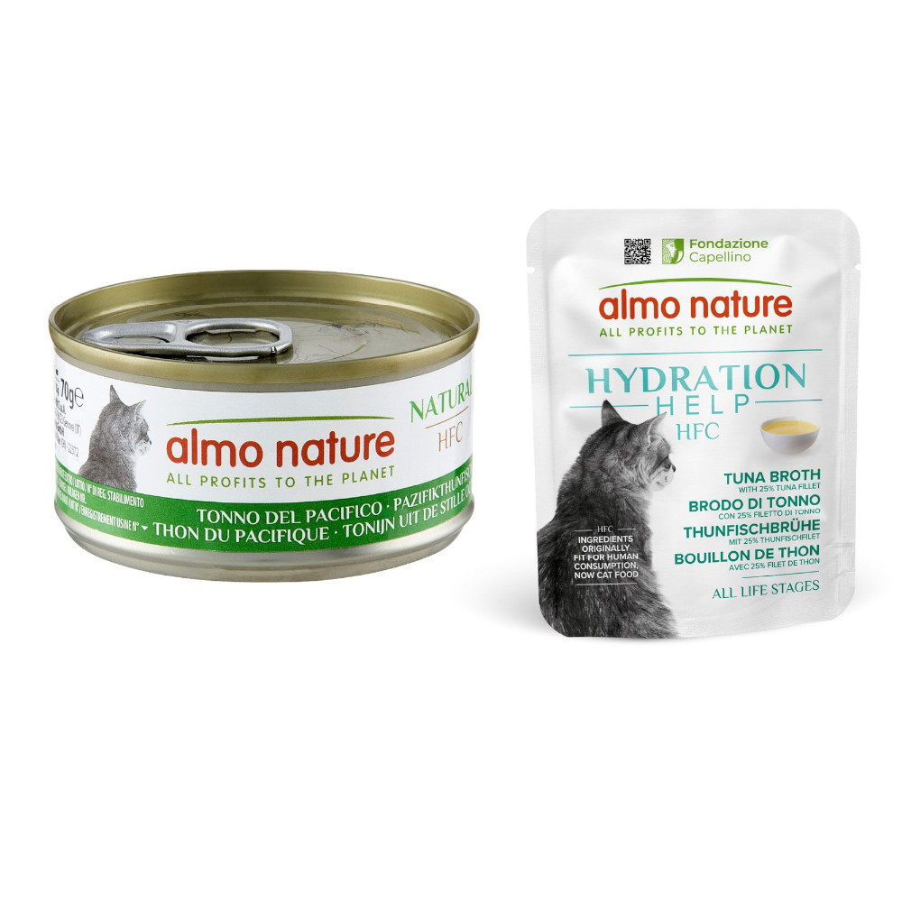 Almo Nature, karma mokra dla kota: 12 x 70 g +  HFC Hydration Help, 6 x 50 g gratis! - Tuńczyk pacyficzny, 12 x 70 g + Bulion z tuńczyka z filetem z tuńczyka, 6 x 50 g