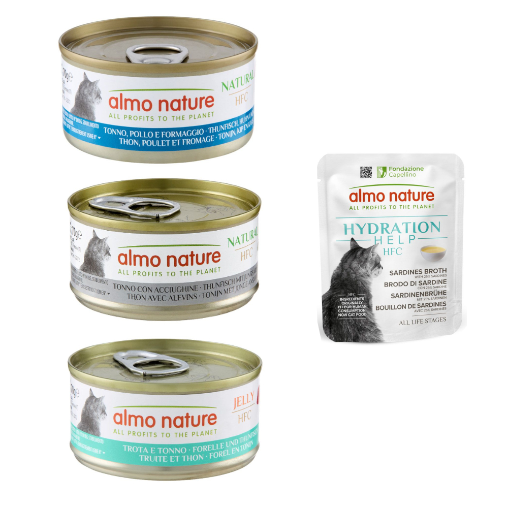 Almo Nature, karma mokra dla kota: 12 x 70 g +  HFC Hydration Help, 6 x 50 g gratis! - Pakiet mieszany z tuńczykiem (3 smaki), 12 x 70 g + Bulion z sardynek z sardynkami, 6 x 50 g