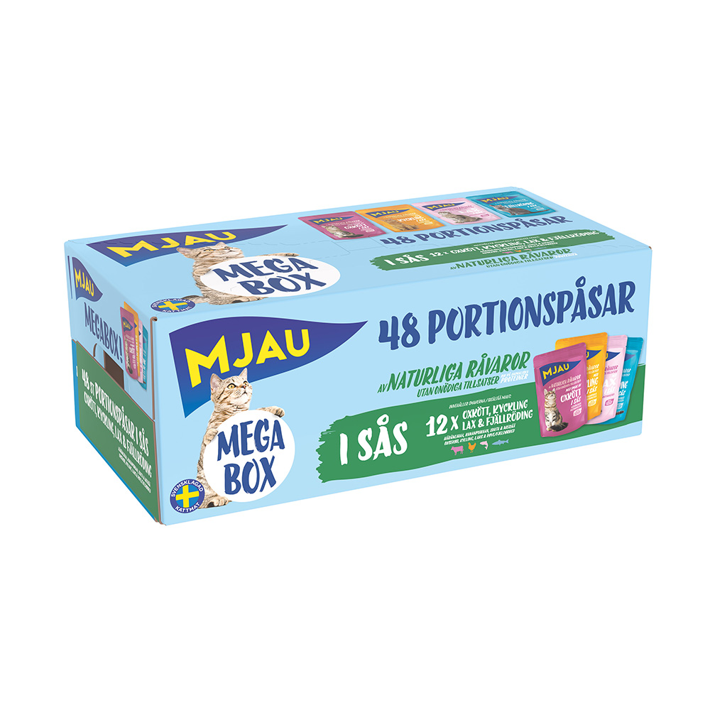 10% taniej! Mjau, karma mokra, 12 / 48 x 85 g - Pakiet mieszany w sosie (wołowina, kurczak, pstrąg, łosoś), 48 x 85 g