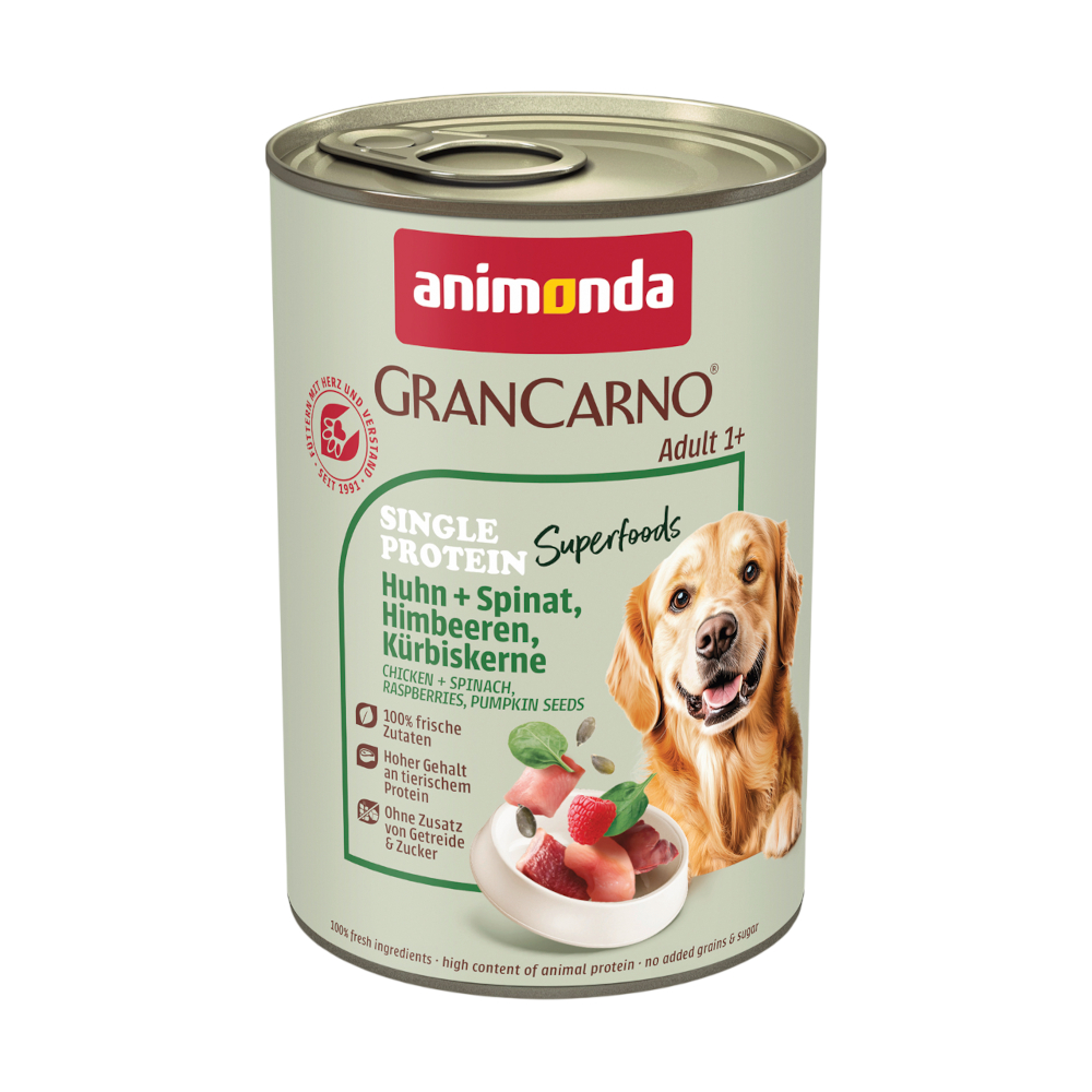 animonda GranCarno Adult Superfoods, 6 x 400 g - Kurczak, szpinak, maliny i pestki dyni
