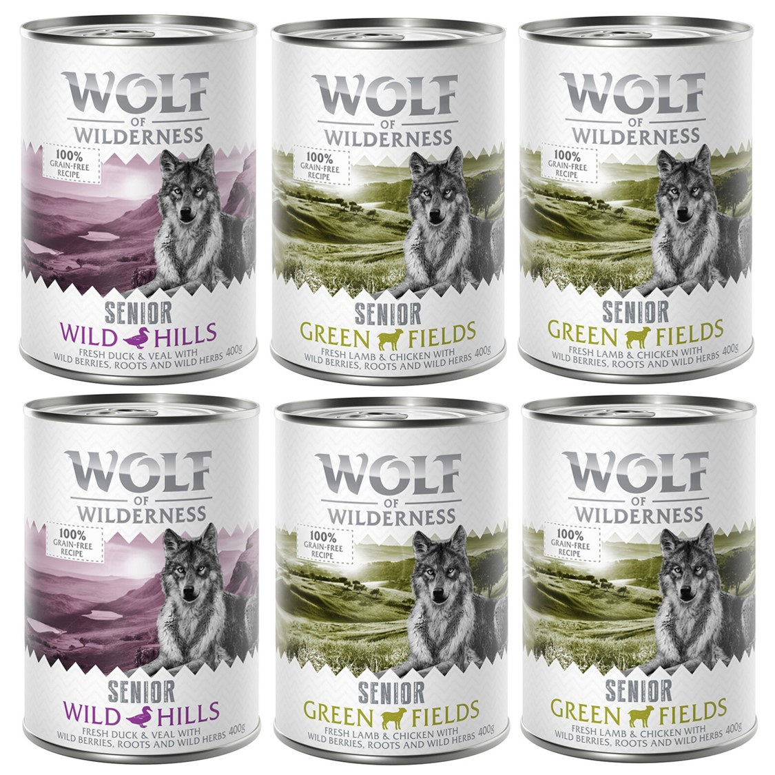 Wolf of Wilderness Senior, 6 x 400 g - Pakiet mieszany: 4x jagnięcina i kurczak, 2x kaczka i cielęcina