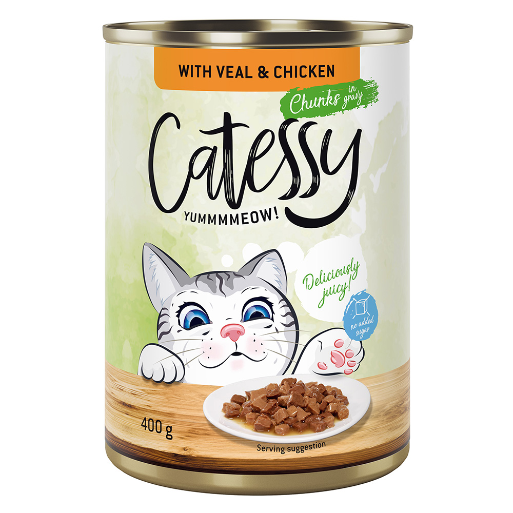 Catessy Kawałeczki w sosie i galarecie, 12 x 400 g - Z cielęciną i kurczakiem w sosie