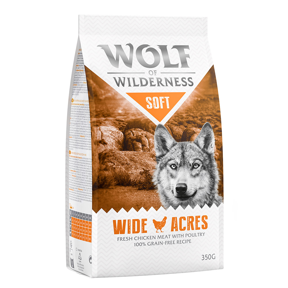 Pakiet próbny Wolf of Wilderness - bez zbóż - Soft – Wide Acres, kurczak, 350 g