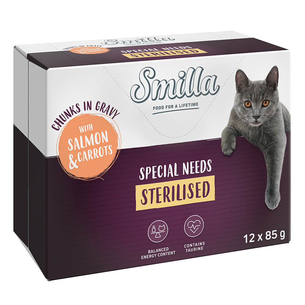 Smilla Sterilised, kawałeczki w sosie z warzywami - Z łososiem i marchewką, 12 x 85 g