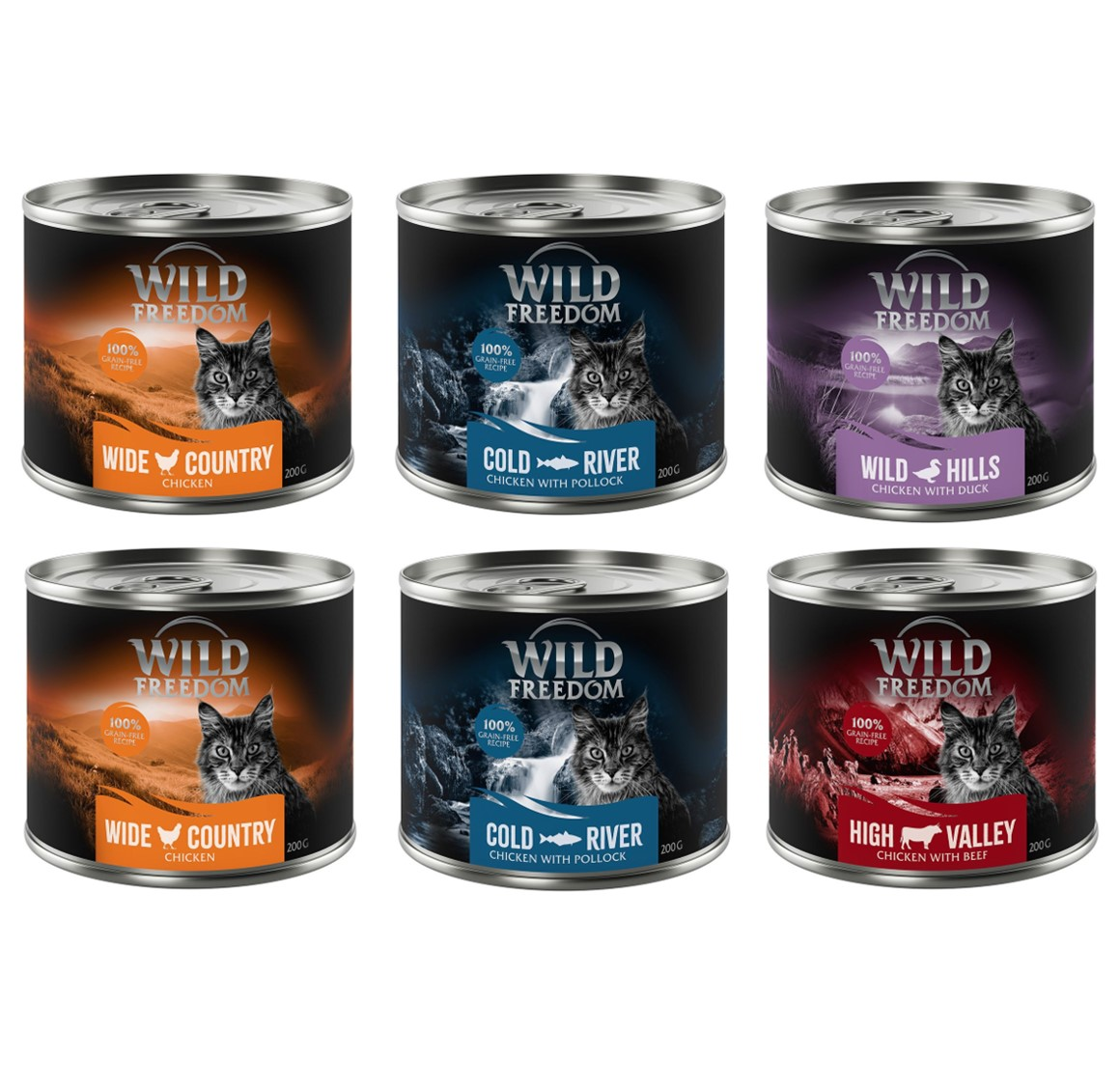 Wild Freedom Adult, 6 x 200 g - bezzbożowa receptura - Pakiet mieszany II (kurczak, łosoś, wołowina, kaczka)