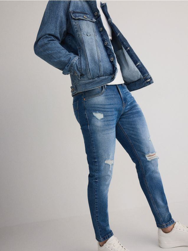 Reserved - Jeansy carrot slim z przetarciami - niebieski