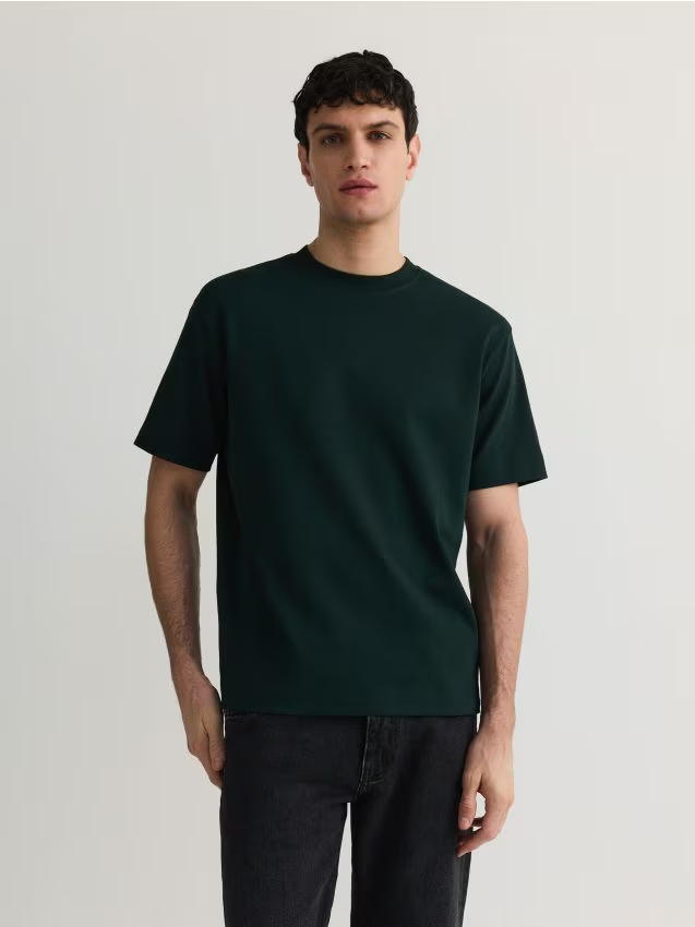 Reserved - Bawełniany t-shirt boxy - ciemnozielony