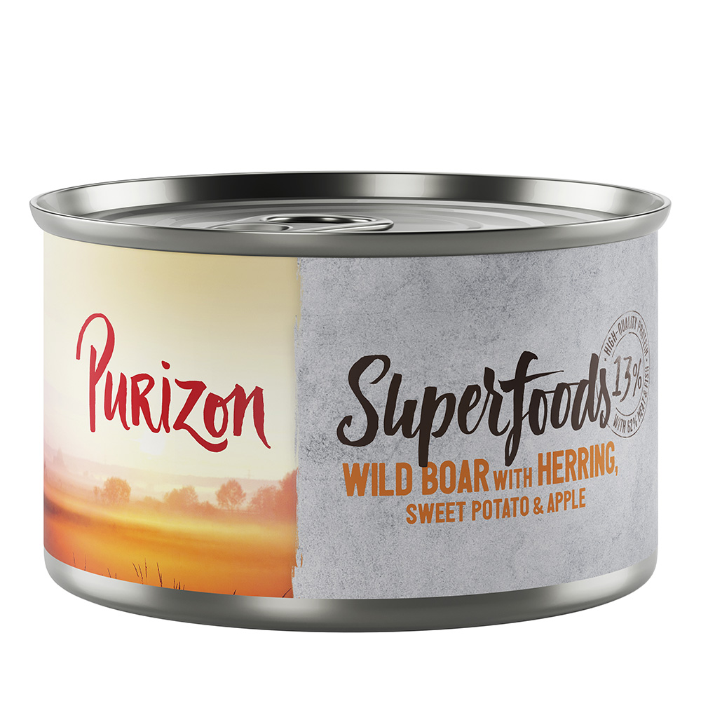 Korzystny pakiet Purizon Superfoods, 24 x 140 g - Dzik ze śledziem, słodkim ziemniakiem i jabłkiem