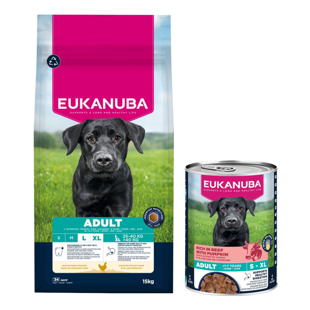 Eukanuba: Premium Nutrition, karma sucha, 12 kg/ 15 kg + wołowina z dynią, 3 x 400 g gratis! - Adult Large & Giant Breed, kurczak, 15 kg + Adult, wołowina z dynią, 3 x 400 g