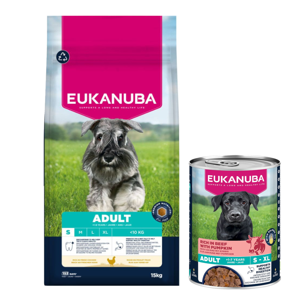 Eukanuba: Premium Nutrition, karma sucha, 12 kg/ 15 kg + wołowina z dynią, 3 x 400 g gratis! - Adult Small Breed, kurczak, 15 kg + Adult, wołowina z dynią, 3 x 400 g