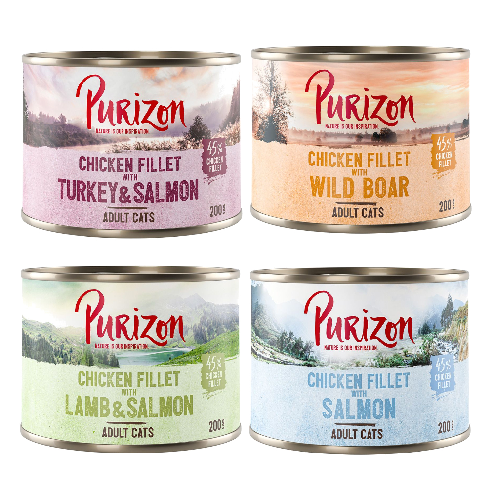 Purizon Original, 24 x 200 g, bez zbóż - Pakiet mieszany 2 (8x łosoś, 4x jagnięcina, 8x dzik, 4x indyk)