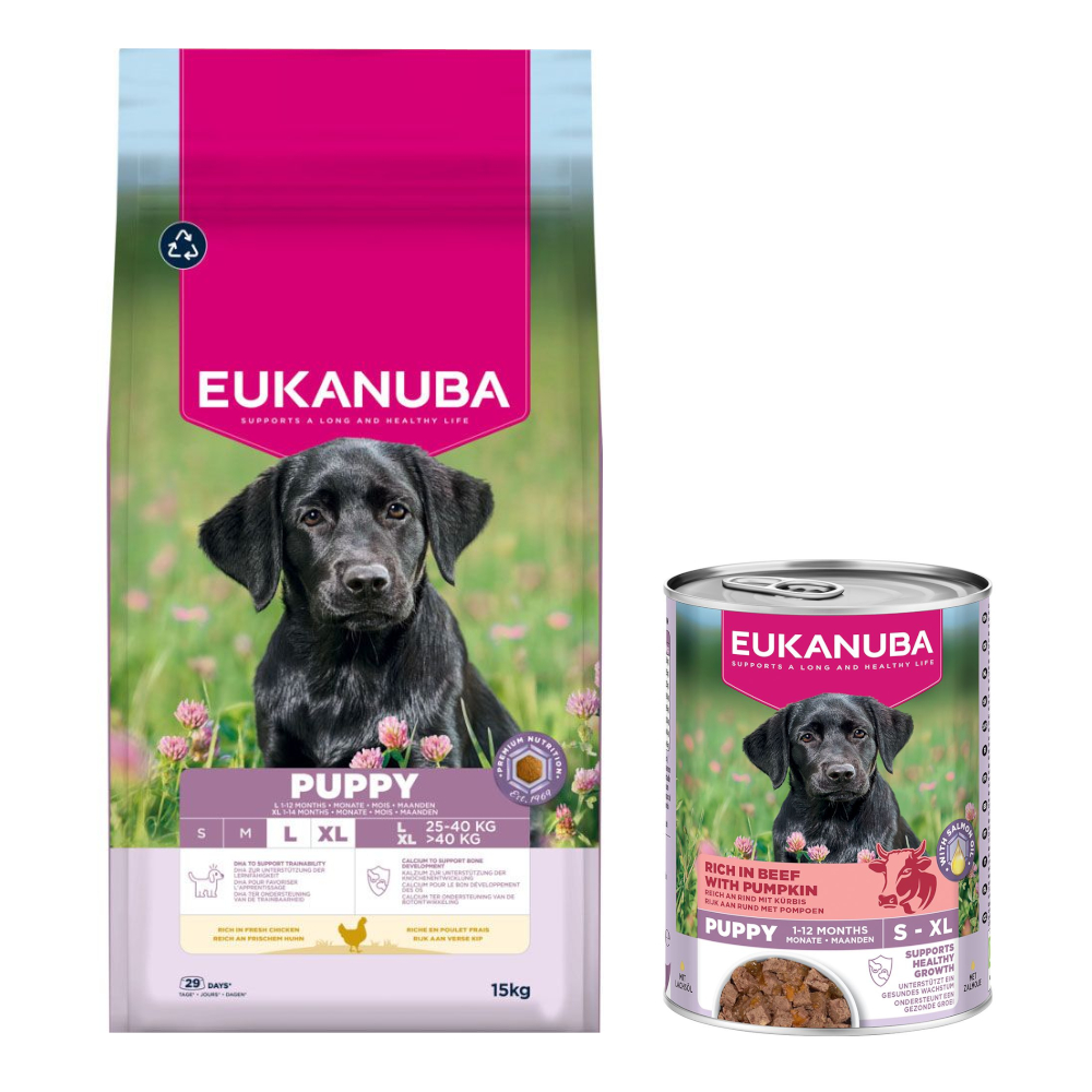 Eukanuba: Premium Nutrition, karma sucha, 12 kg/ 15 kg + wołowina z dynią, 3 x 400 g gratis! - Puppy Large & Giant Breed, kurczak, 15 kg + Puppy, wołowina z dynią, 3 x 400 g