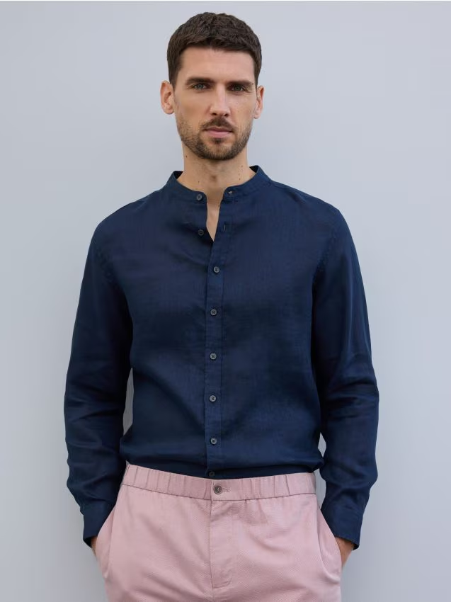 Reserved - Lniana koszula regular fit - granatowy
