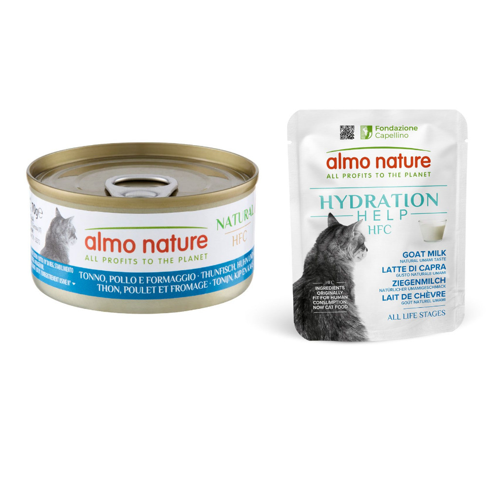Almo Nature, karma mokra dla kota: 12 x 70 g +  HFC Hydration Help, 6 x 50 g gratis! - Tuńczyk, kurczak i ser, 12 x 70 g + Kozie mleko, 6 x 50 g