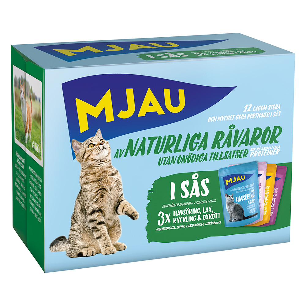 10% taniej! Mjau, karma mokra, 12 / 48 x 85 g - Cat w saszetkach, Pakiet mieszany rybno-mięsne menu w sosie (4 smaki), 12 x 85 g