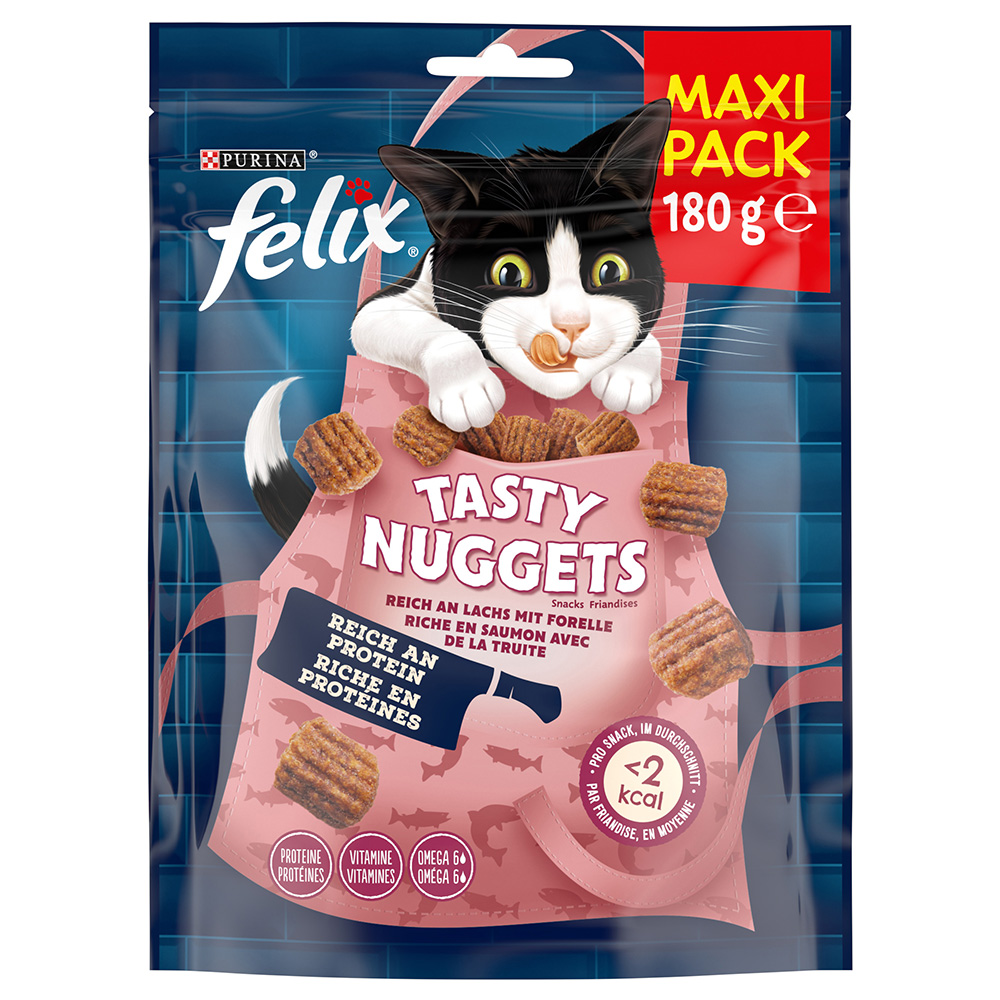 3 + 1 gratis! Felix, przysmaki dla kota, różne rodzaje - Tasty Nuggets, łosoś i pstrąg, 4 x 180 g