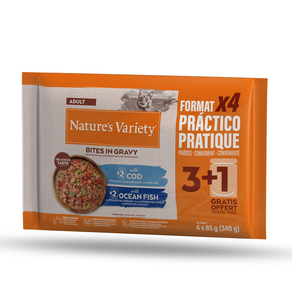 Nature's Variety Bites w sosie Adult, 44 x 85 g - Z dorszem i rybą morską